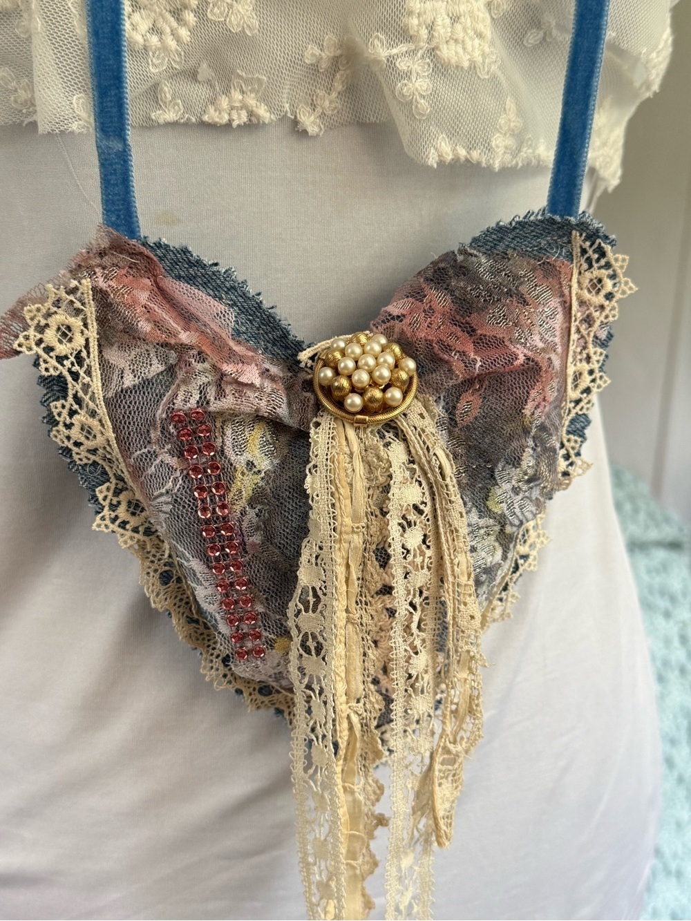 Handmade Upcycled Denim Lace Heart Wearable Art Necklace OS